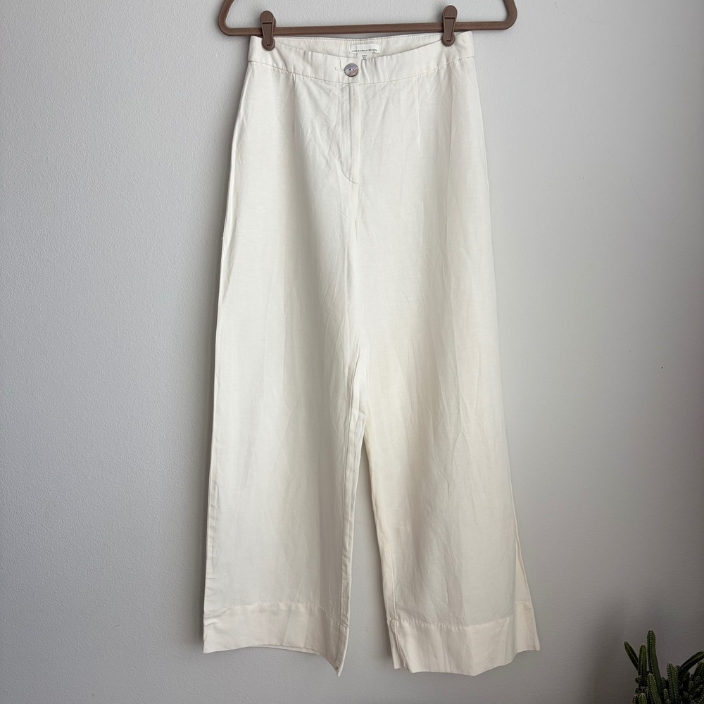 H&M Women Cream Linen Blend High Waisted Wide Leg Trousers Size 2 Off White